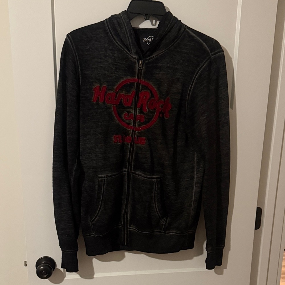 Hard Rock Cafe Men's Charcoal and Crimson Zip-Up Sweater